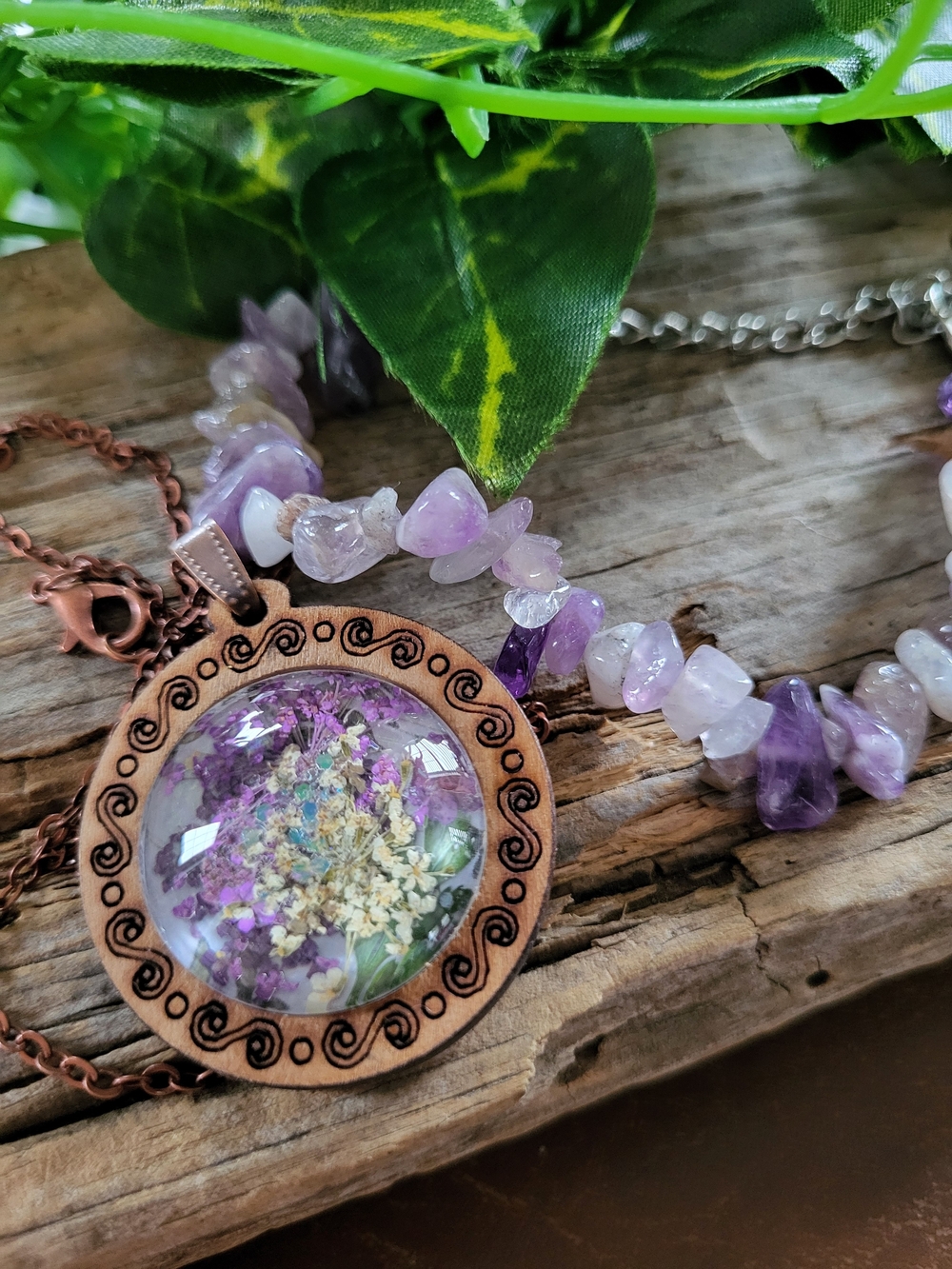 Handcrafted Under Glass Cabachon Pendant  with Amethyst Chip Bracelet